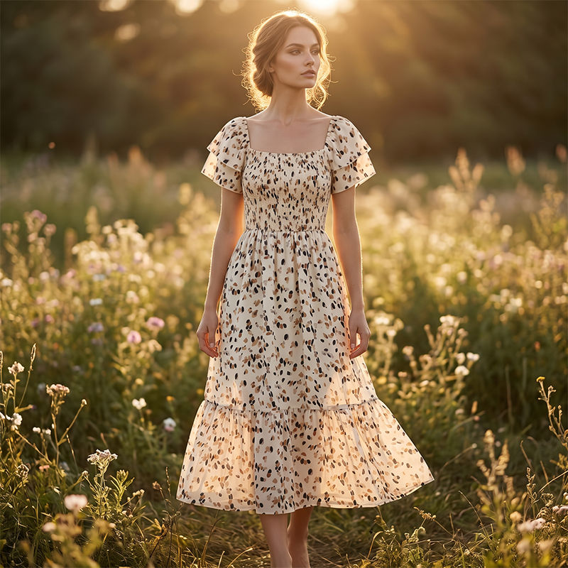 🌈2026 Summer Hot Sale 50% OFF!✨Square Neck Floral Midi Dress – Smocked Bodice, Flowy Tiered Skirt, Romantic🌸