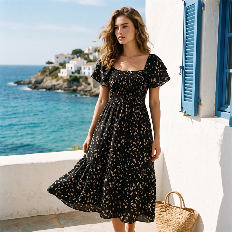 🌈2026 Summer Hot Sale 50% OFF!✨Square Neck Floral Midi Dress – Smocked Bodice, Flowy Tiered Skirt, Romantic🌸