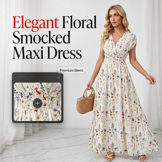 Vestido largo de cintura smock con escote en V y flores de mujer