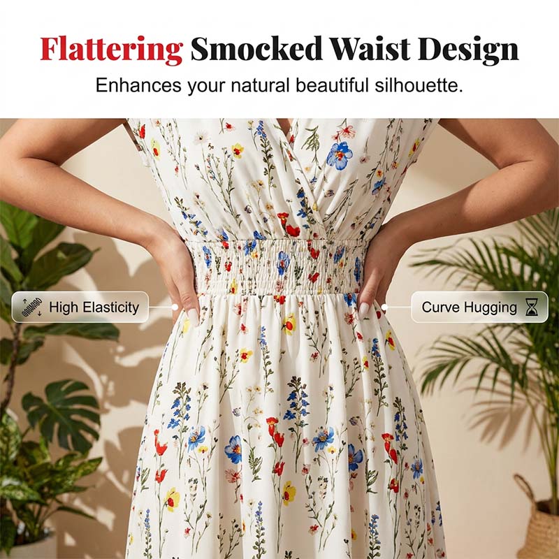 Vestido largo de cintura smock con escote en V y flores de mujer