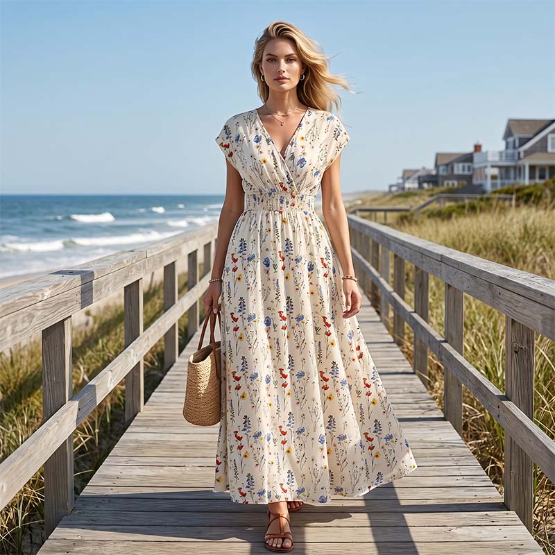 Vestido largo de cintura smock con escote en V y flores de mujer