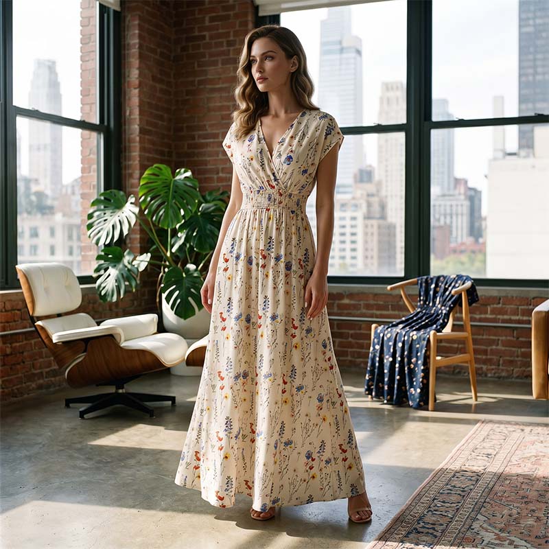 Vestido largo de cintura smock con escote en V y flores de mujer