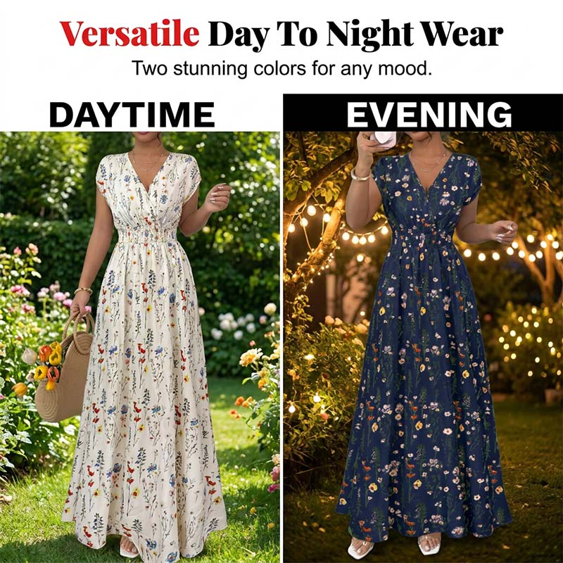 Vestido largo de cintura smock con escote en V y flores de mujer