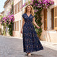 Vestido largo de cintura smock con escote en V y flores de mujer