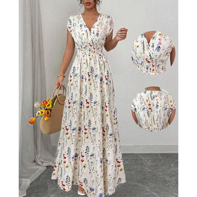 Vestido largo de cintura smock con escote en V y flores de mujer