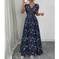 Vestido largo de cintura smock con escote en V y flores de mujer