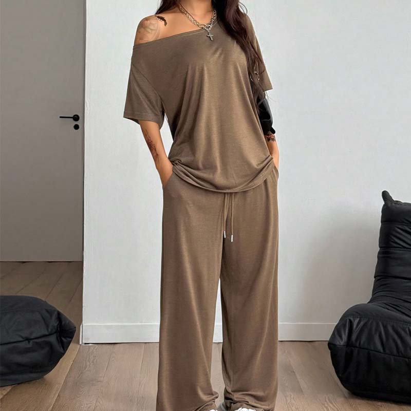 Conjunto de 2 Piezas Top Hombros Descubiertos y Pantalón para Mujer