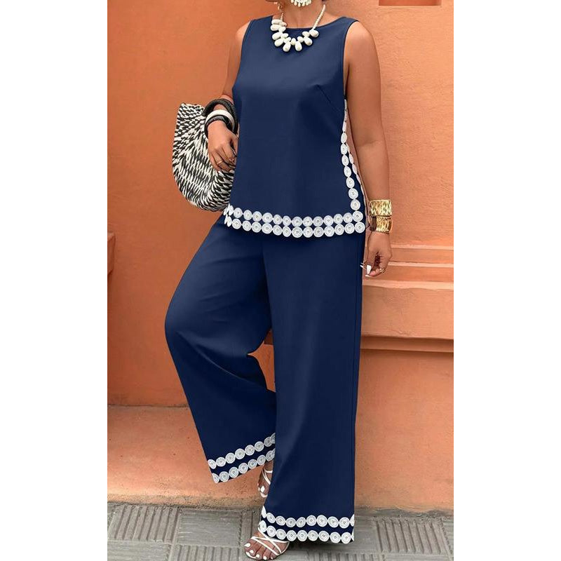 👚 ¡OFERTA LIMITADA 50% DE DESCUENTO! ✨ Conjunto de Top sin Mangas y Pantalón de Pierna Ancha para Mujer – Encaje, Fluido, 2 Piezas 🌸