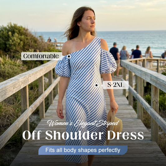 👗 ¡OFERTA POR TIEMPO LIMITADO 50% DE DESCUENTO! ✨ Vestido de Rayas con Hombros Descubiertos para Mujer – Elegante, Fluido y Chic de Verano 🌊