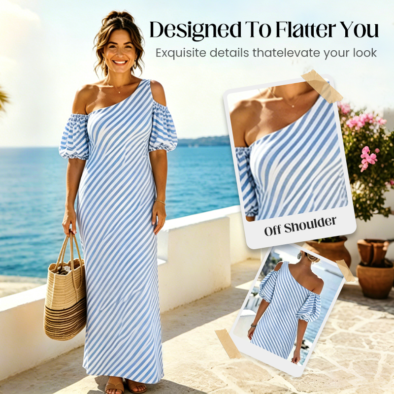 👗 ¡OFERTA POR TIEMPO LIMITADO 50% DE DESCUENTO! ✨ Vestido de Rayas con Hombros Descubiertos para Mujer – Elegante, Fluido y Chic de Verano 🌊