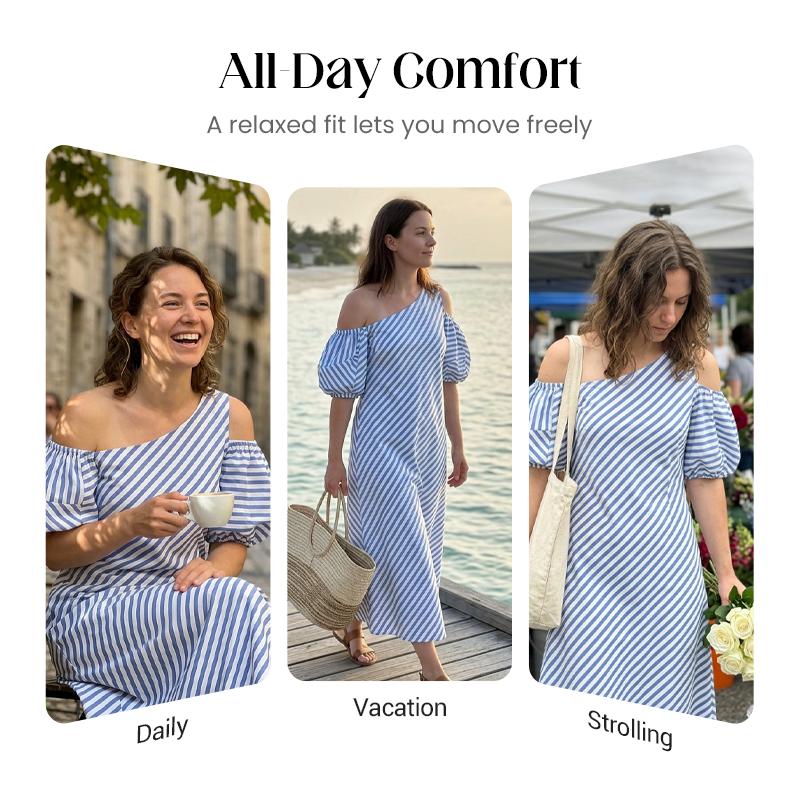 👗 ¡OFERTA POR TIEMPO LIMITADO 50% DE DESCUENTO! ✨ Vestido de Rayas con Hombros Descubiertos para Mujer – Elegante, Fluido y Chic de Verano 🌊