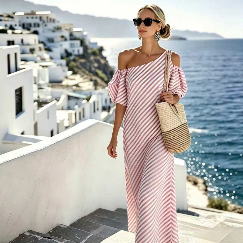 👗 ¡OFERTA POR TIEMPO LIMITADO 50% DE DESCUENTO! ✨ Vestido de Rayas con Hombros Descubiertos para Mujer – Elegante, Fluido y Chic de Verano 🌊