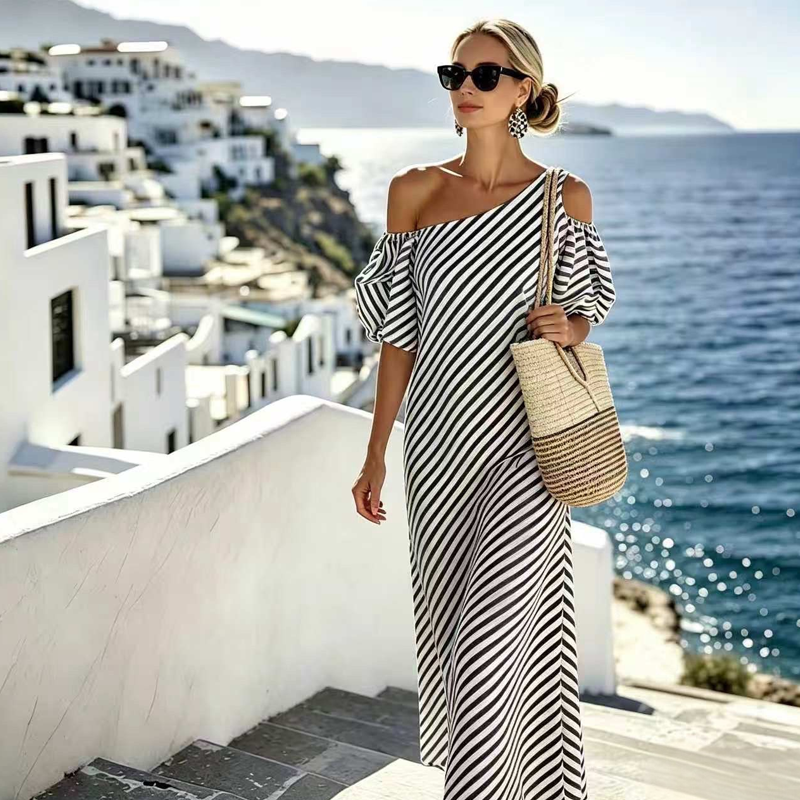 👗 ¡OFERTA POR TIEMPO LIMITADO 50% DE DESCUENTO! ✨ Vestido de Rayas con Hombros Descubiertos para Mujer – Elegante, Fluido y Chic de Verano 🌊