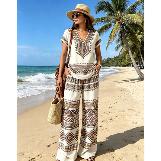 👗 ¡50% DE DESCUENTO POR TIEMPO LIMITADO! ✨ Conjunto de Top Estampado y Pantalones para Mujer – Estampados Boho, Corte Holgado, Listo para Vacaciones 🌴
