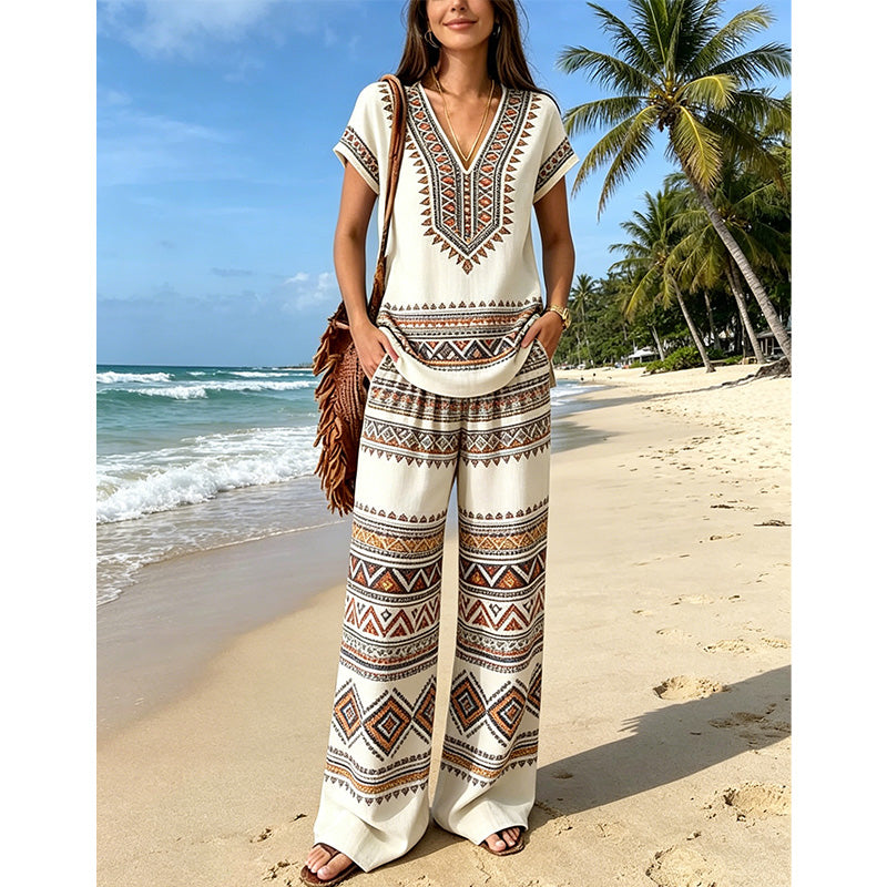 👗 ¡50% DE DESCUENTO POR TIEMPO LIMITADO! ✨ Conjunto de Top Estampado y Pantalones para Mujer – Estampados Boho, Corte Holgado, Listo para Vacaciones 🌴