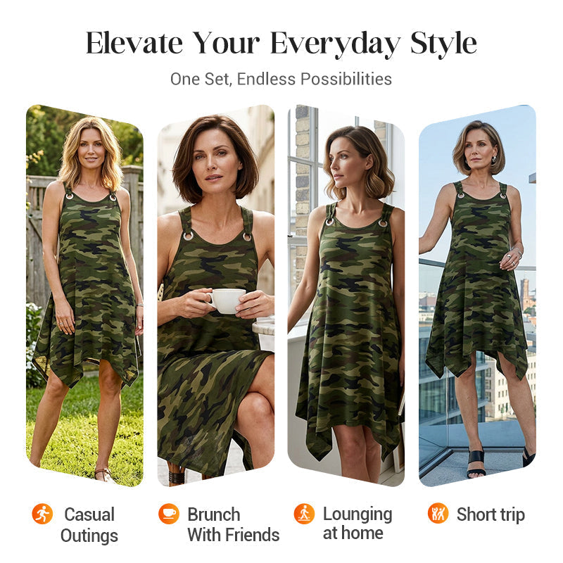 👗 LIMITED-TIME 50% OFF! ✨ Sleeveless Camouflage Dress – Asymmetrical Hem, Edgy Style, Unique 🍂