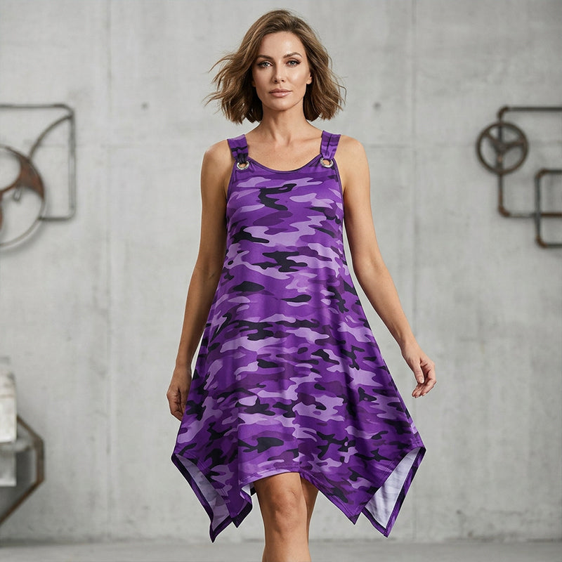 👗 LIMITED-TIME 50% OFF! ✨ Sleeveless Camouflage Dress – Asymmetrical Hem, Edgy Style, Unique 🍂