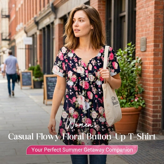 Camiseta de botones floral fluida para mujer – informal, ligera, versátil