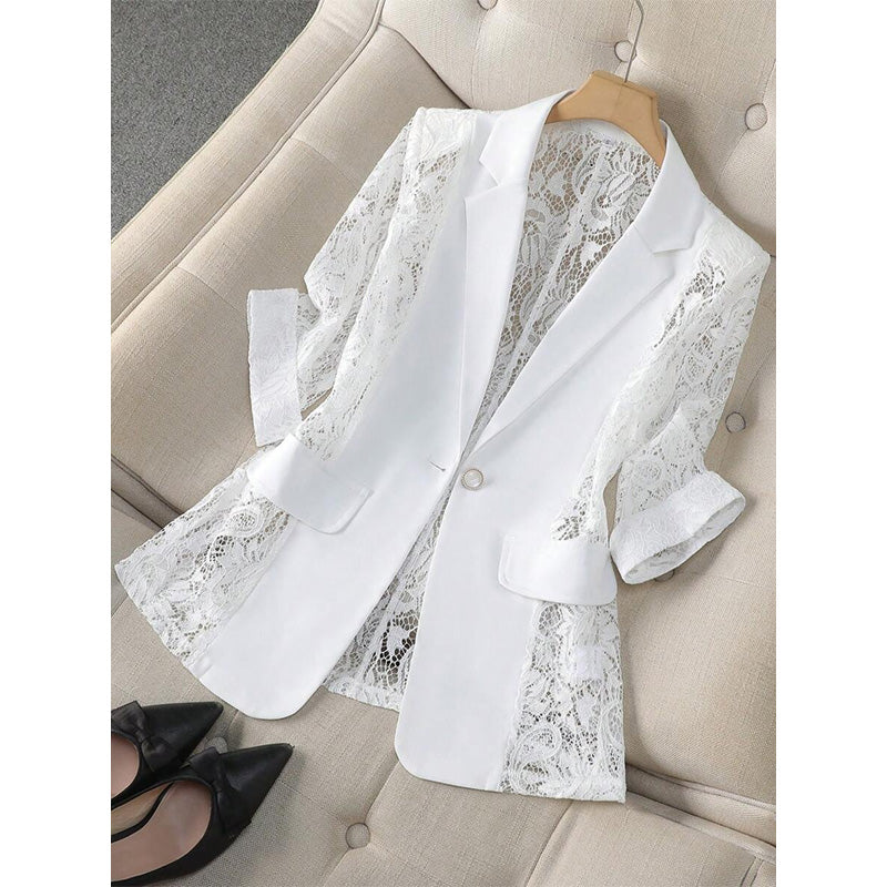Blazer de Encaje Blanco – Corte Ajustado, Manga 3/4, Transición Elegante