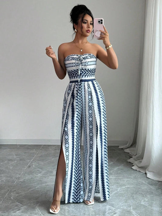 👗💙 Mono con estampado geométrico, escote a la espalda y abertura lateral: ¡50 % de descuento! Ideal para la playa, la oficina y las salidas nocturnas. 🔥✨