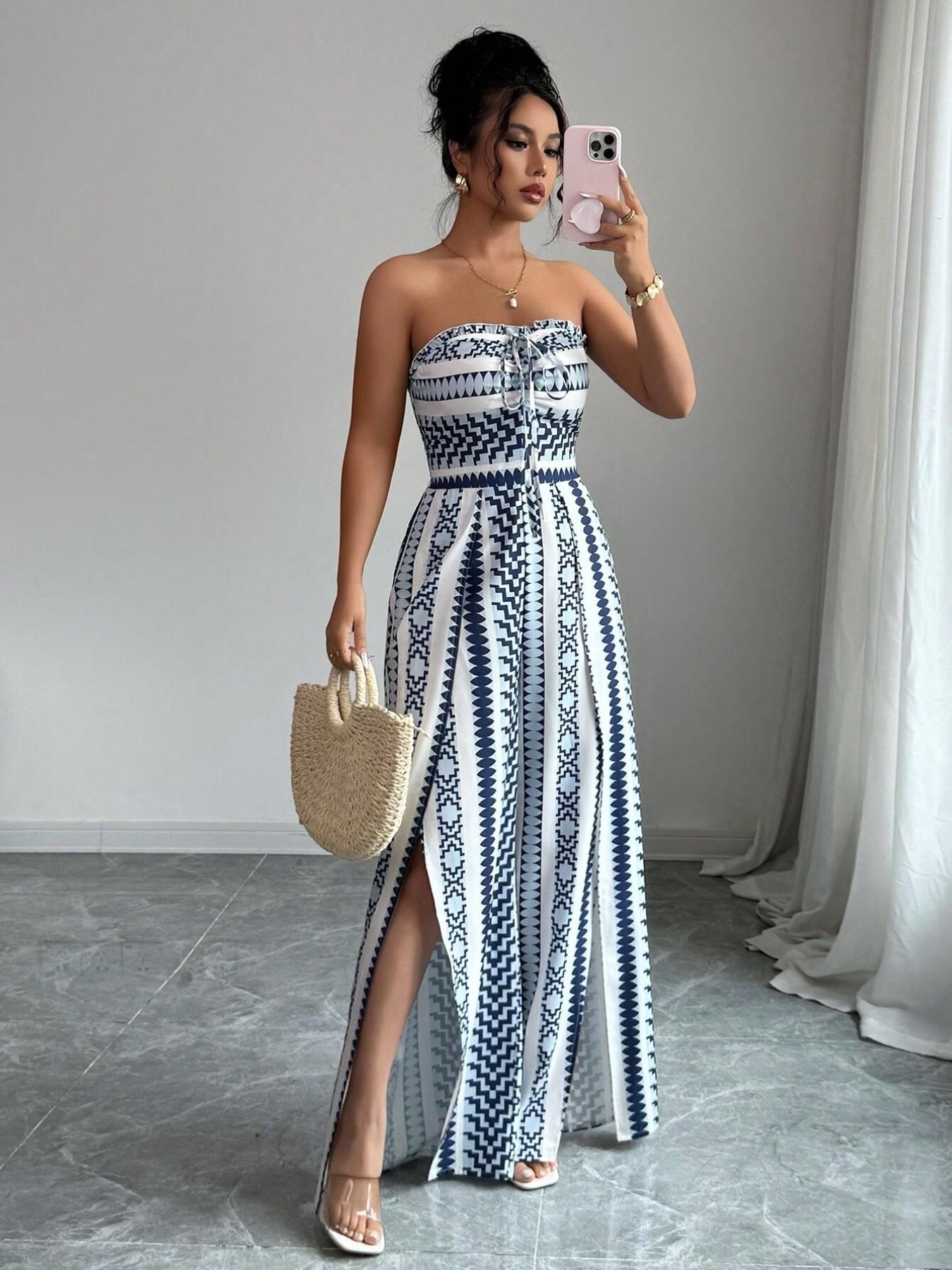 👗💙 Mono con estampado geométrico, escote a la espalda y abertura lateral: ¡50 % de descuento! Ideal para la playa, la oficina y las salidas nocturnas. 🔥✨