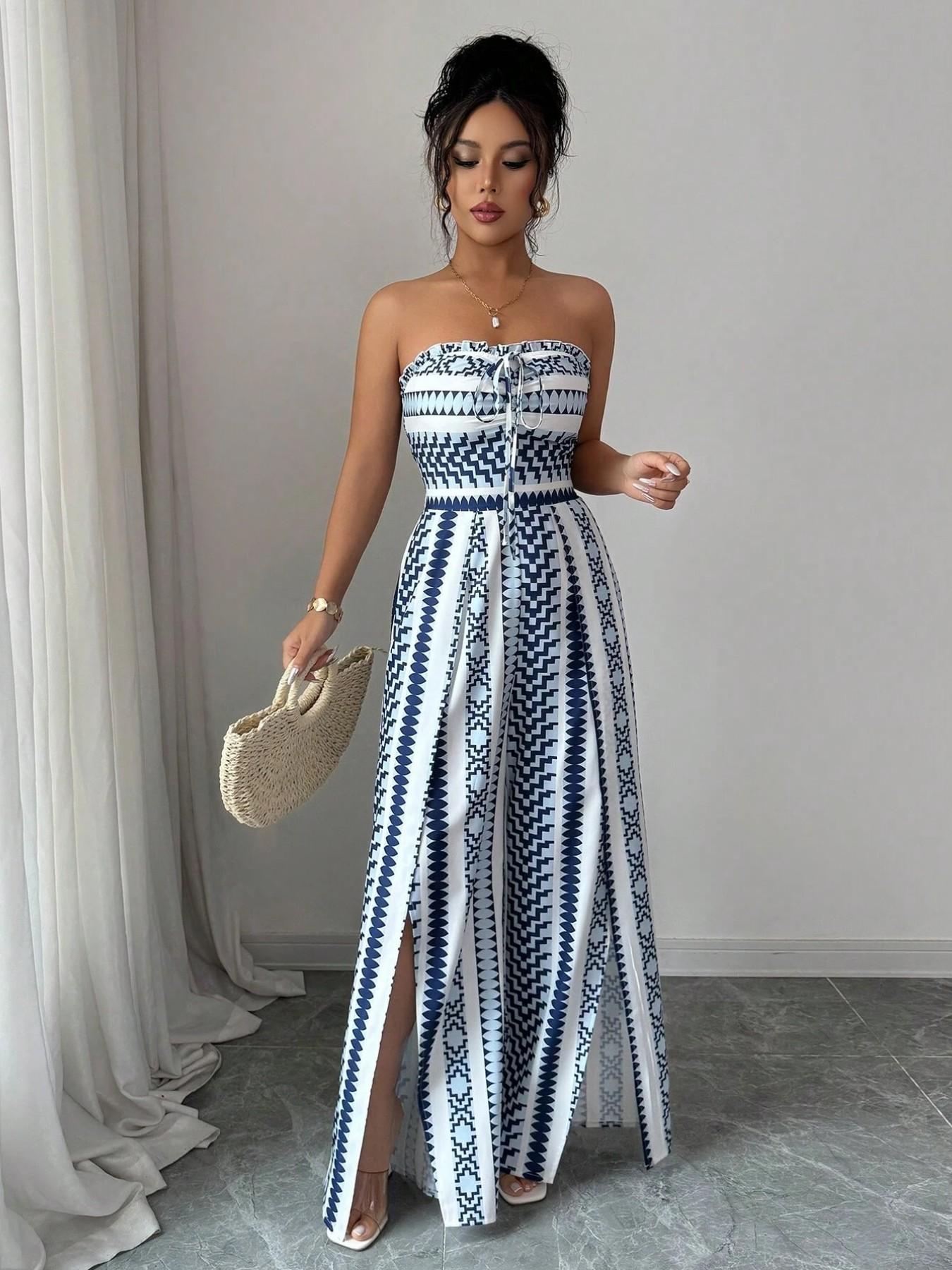 👗💙 Mono con estampado geométrico, escote a la espalda y abertura lateral: ¡50 % de descuento! Ideal para la playa, la oficina y las salidas nocturnas. 🔥✨