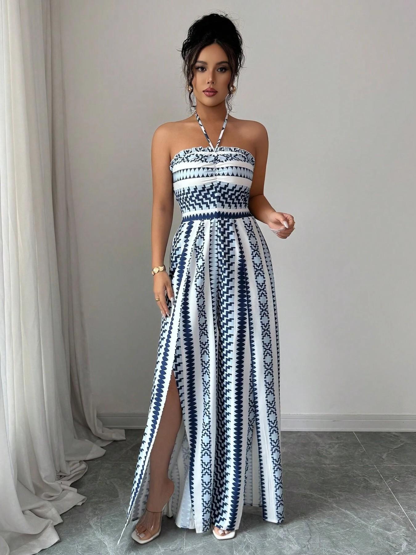 👗💙 Mono con estampado geométrico, escote a la espalda y abertura lateral: ¡50 % de descuento! Ideal para la playa, la oficina y las salidas nocturnas. 🔥✨