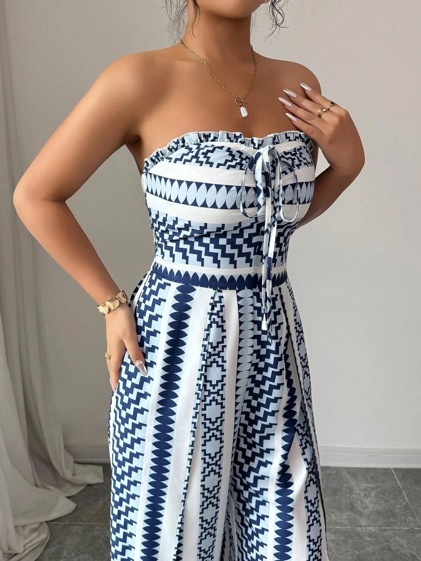 👗💙 Mono con estampado geométrico, escote a la espalda y abertura lateral: ¡50 % de descuento! Ideal para la playa, la oficina y las salidas nocturnas. 🔥✨