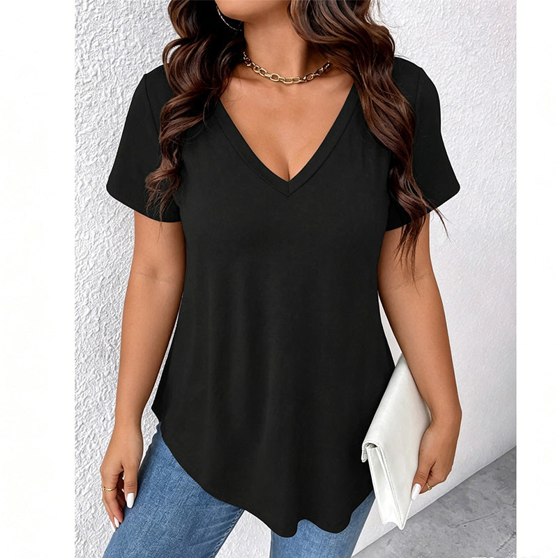 Camiseta casual de manga corta con cuello en V para mujer