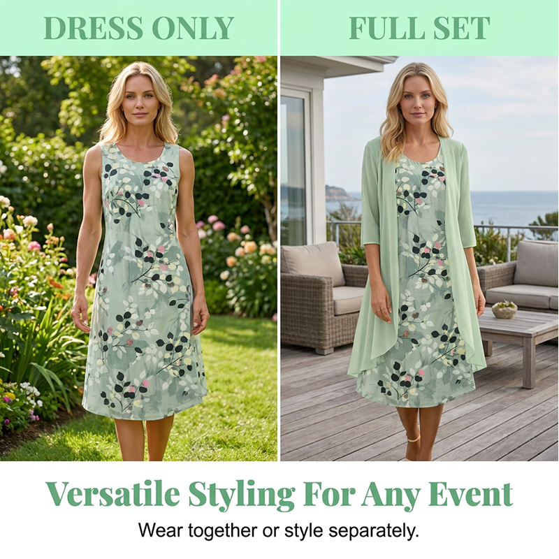 Conjunto de 2 Piezas de Vestido Elegante de Gasa y Cárdigan para Mujer