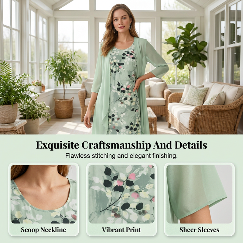 Conjunto de 2 Piezas de Vestido Elegante de Gasa y Cárdigan para Mujer