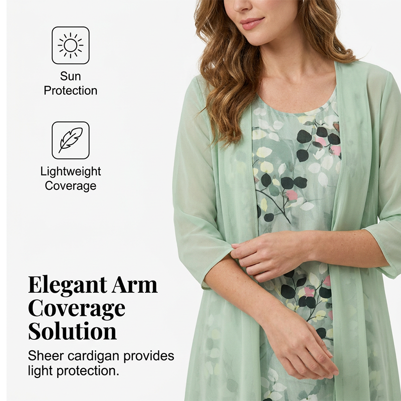 Conjunto de 2 Piezas de Vestido Elegante de Gasa y Cárdigan para Mujer