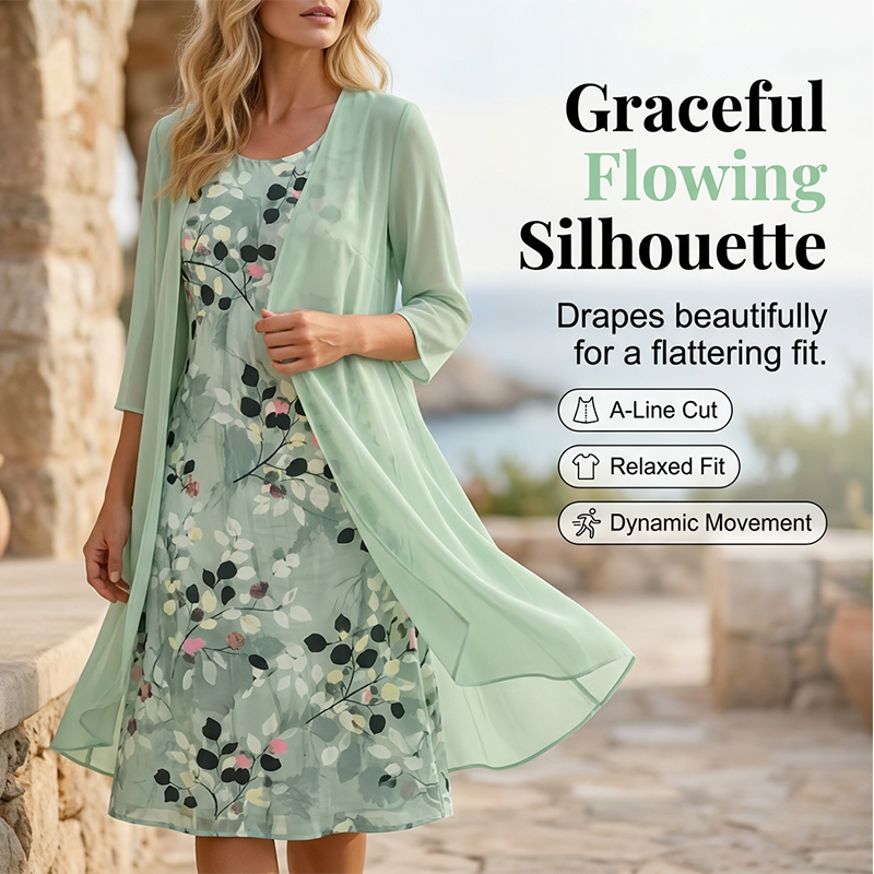 Conjunto de 2 Piezas de Vestido Elegante de Gasa y Cárdigan para Mujer