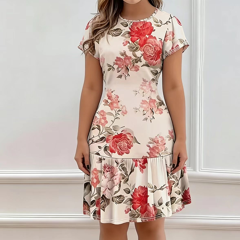 🌸 LIMITED-TIME 50% OFF! 💥 Women's Elegant Floral Print Ruffled Hem Dress – Fitted Waist, Breathable, Versatile ✨
