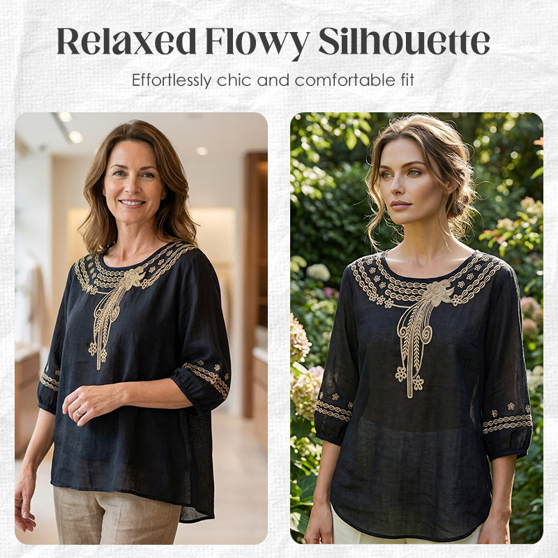 👚 ¡50% DE DESCUENTO POR TIEMPO LIMITADO! 💥 Blusa Bordada de Mezcla Algodón-Lino para Mujer – Recortes Florales, Cuello Redondo, Corte Relajado ✨
