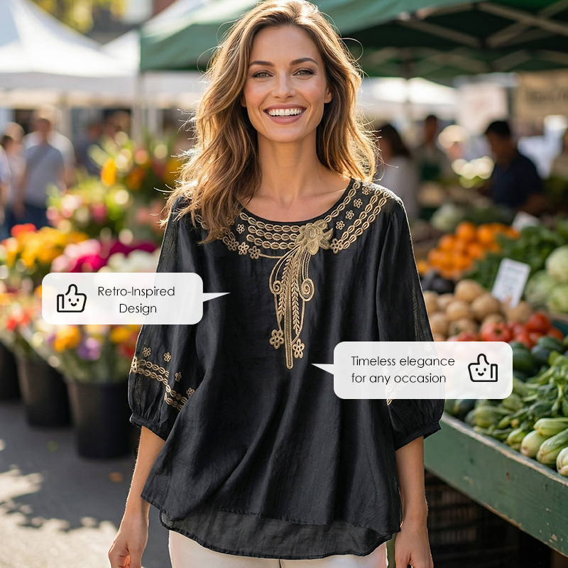 👚 ¡50% DE DESCUENTO POR TIEMPO LIMITADO! 💥 Blusa Bordada de Mezcla Algodón-Lino para Mujer – Recortes Florales, Cuello Redondo, Corte Relajado ✨