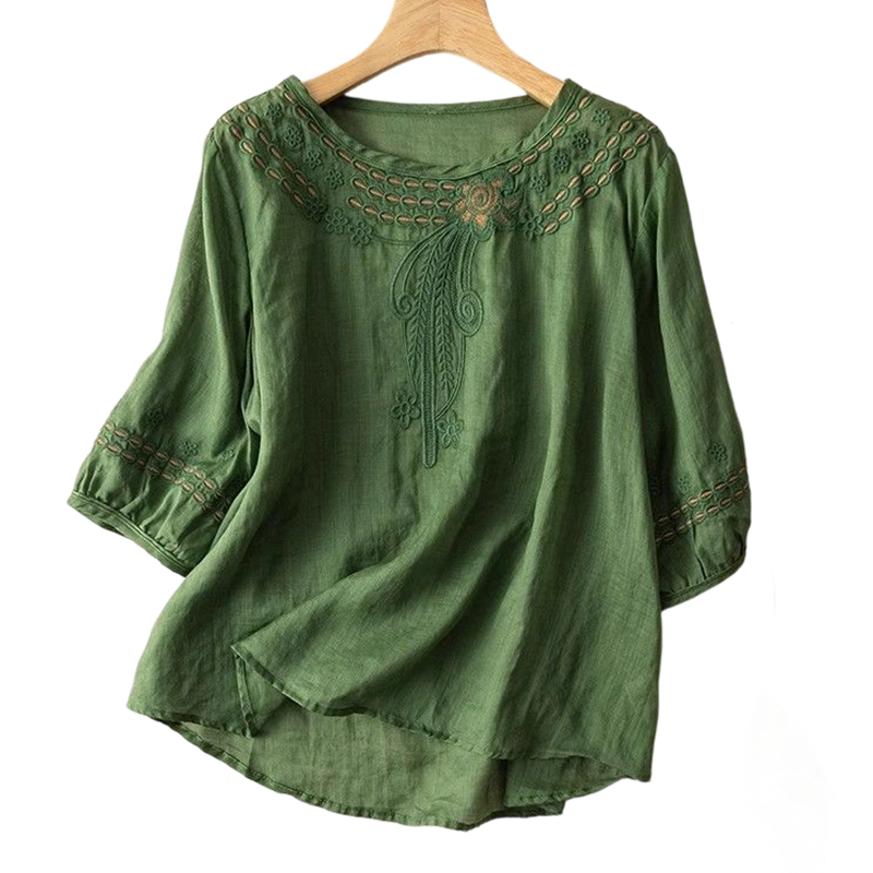 👚 ¡50% DE DESCUENTO POR TIEMPO LIMITADO! 💥 Blusa Bordada de Mezcla Algodón-Lino para Mujer – Recortes Florales, Cuello Redondo, Corte Relajado ✨