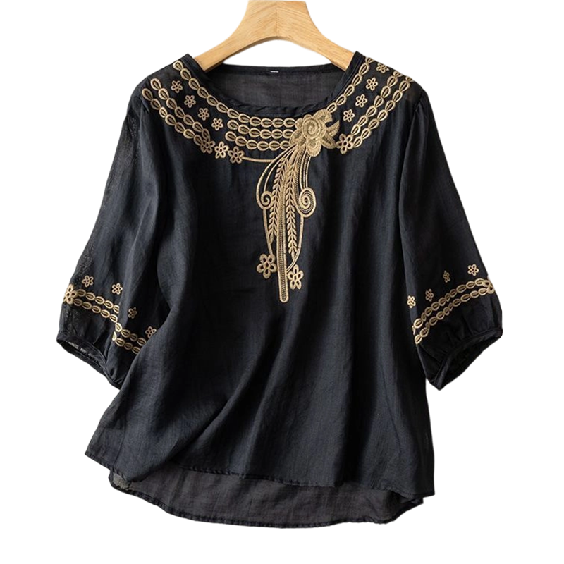 👚 ¡50% DE DESCUENTO POR TIEMPO LIMITADO! 💥 Blusa Bordada de Mezcla Algodón-Lino para Mujer – Recortes Florales, Cuello Redondo, Corte Relajado ✨
