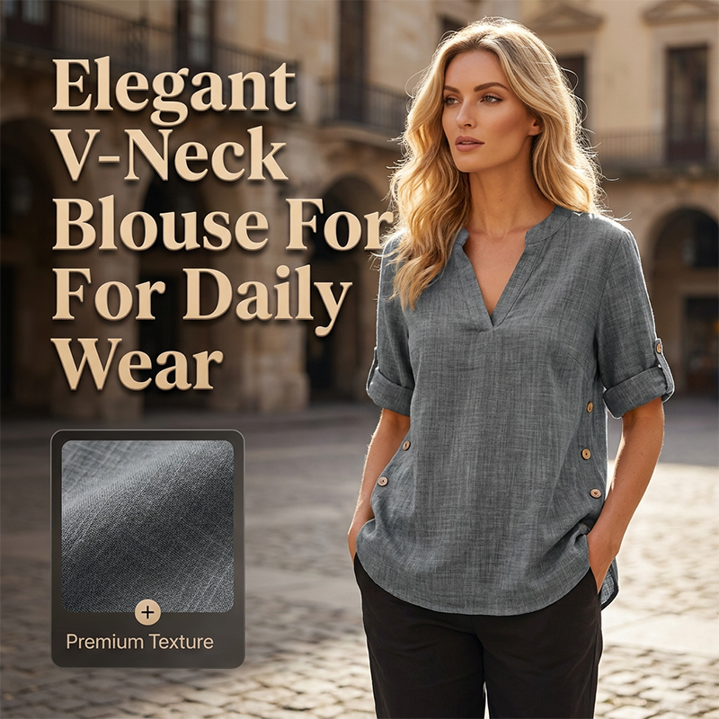 👚 ¡OFERTA POR TIEMPO LIMITADO 50% DE DESCUENTO! 💥 Blusa Casual Holgada con Cuello en V para Mujer – Mangas Enrollables, Dobladillo Asimétrico, Botones Laterales ✨