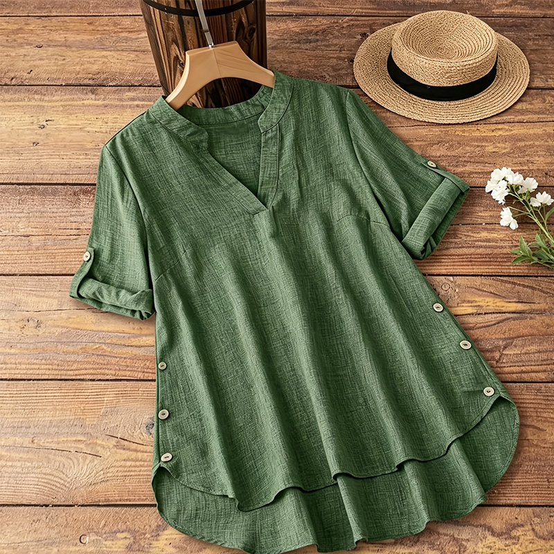 👚 ¡OFERTA POR TIEMPO LIMITADO 50% DE DESCUENTO! 💥 Blusa Casual Holgada con Cuello en V para Mujer – Mangas Enrollables, Dobladillo Asimétrico, Botones Laterales ✨