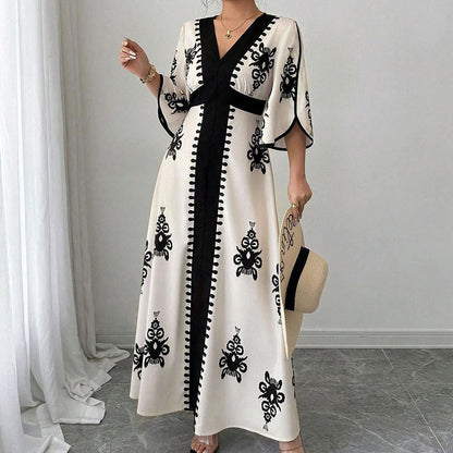 ✨👗 ¡OFERTA 50% OFF! Vestido Largo con Escote en V y Estampado Étnico – Elegancia y Estilo