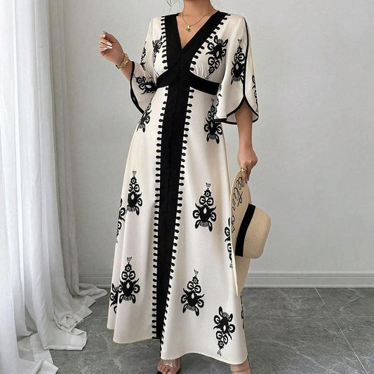 ✨👗 ¡OFERTA 50% OFF! Vestido Largo con Escote en V y Estampado Étnico – Elegancia y Estilo