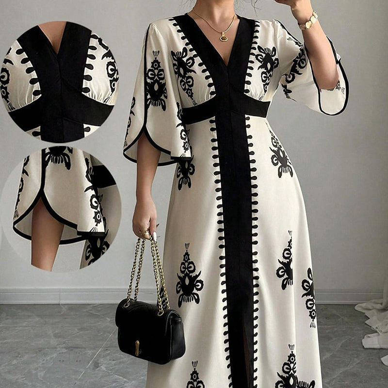 ✨👗 ¡OFERTA 50% OFF! Vestido Largo con Escote en V y Estampado Étnico – Elegancia y Estilo