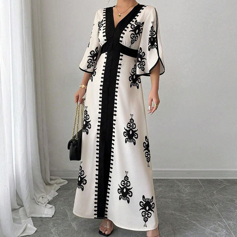 ✨👗 ¡OFERTA 50% OFF! Vestido Largo con Escote en V y Estampado Étnico – Elegancia y Estilo