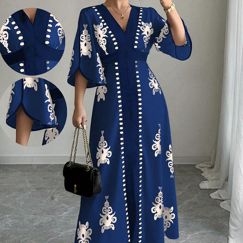 ✨👗 ¡OFERTA 50% OFF! Vestido Largo con Escote en V y Estampado Étnico – Elegancia y Estilo