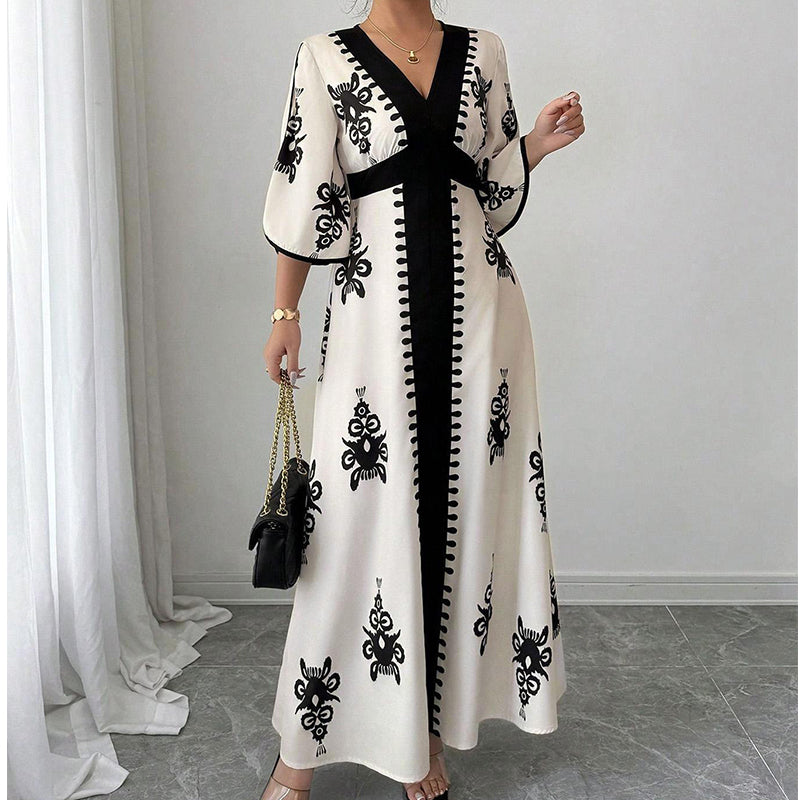 ✨👗 ¡OFERTA 50% OFF! Vestido Largo con Escote en V y Estampado Étnico – Elegancia y Estilo