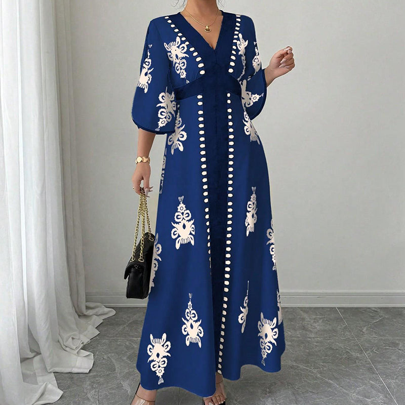 ✨👗 ¡OFERTA 50% OFF! Vestido Largo con Escote en V y Estampado Étnico – Elegancia y Estilo