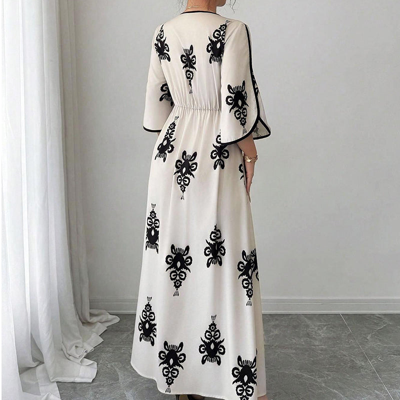 ✨👗 ¡OFERTA 50% OFF! Vestido Largo con Escote en V y Estampado Étnico – Elegancia y Estilo