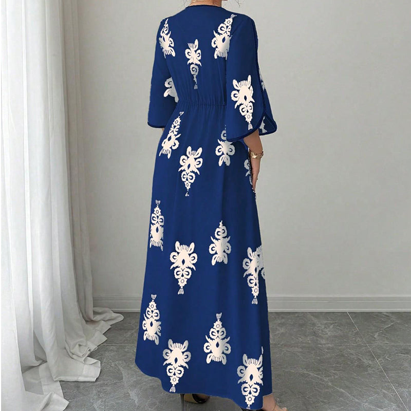 ✨👗 ¡OFERTA 50% OFF! Vestido Largo con Escote en V y Estampado Étnico – Elegancia y Estilo