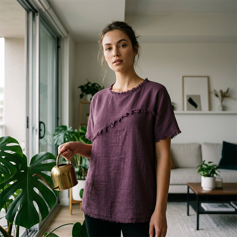 👚 ¡OFERTA LIMITADA 50% OFF! 💥 Top de Verano para Mujer con Paneles de Borde Sin Rematar – Cuello Redondo, Corte Holgado, Estilo Atrevido ✨